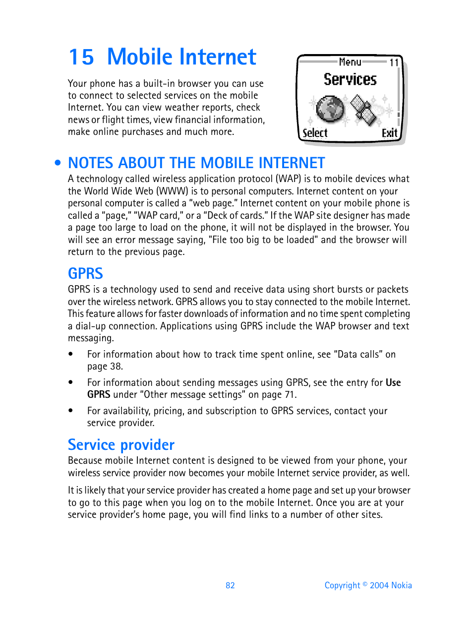 15 mobile internet, Notes about the mobile internet, Mobile internet | Gprs, Service provider | Nokia 3595 User Manual | Page 93 / 153