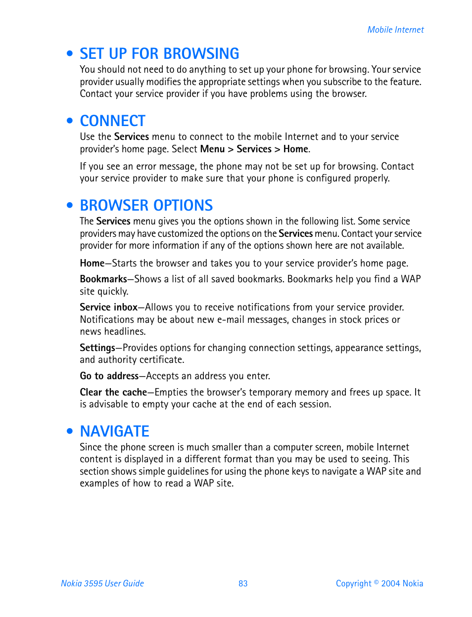 Set up for browsing, Connect, Browser options | Navigate | Nokia 3595 User Manual | Page 94 / 153