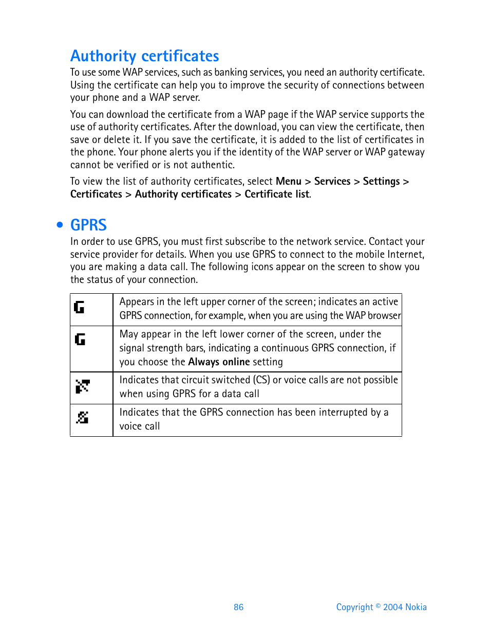 Gprs, Authority certificates | Nokia 3595 User Manual | Page 97 / 153