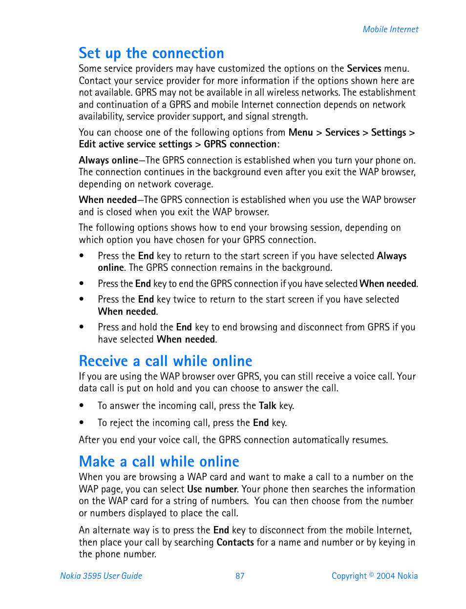 Set up the connection, Receive a call while online, Make a call while online | Nokia 3595 User Manual | Page 98 / 153