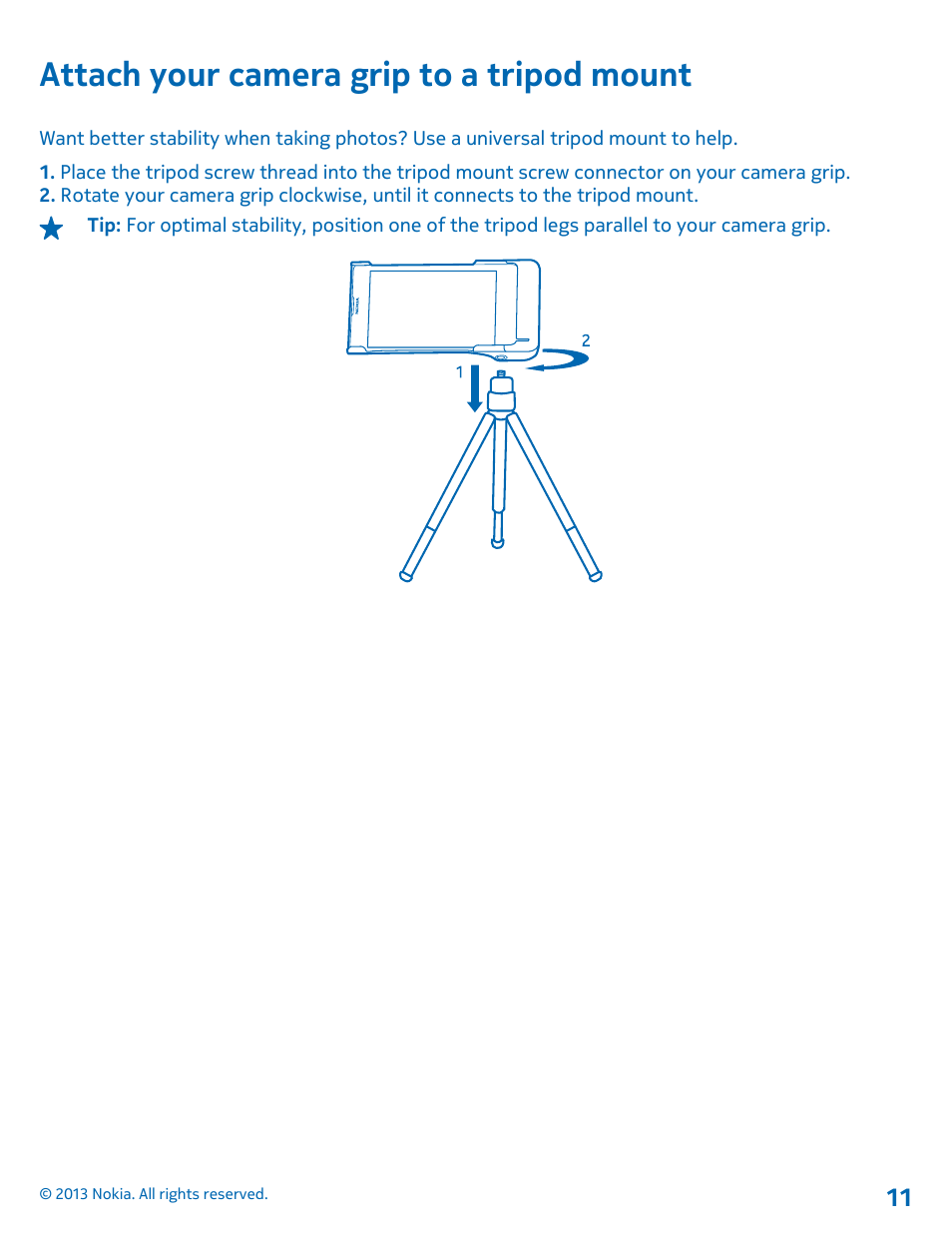 Attach your camera grip to a tripod mount, Attach your camera grip to a tripod, Mount 11 | Nokia PD-95G User Manual | Page 11 / 13