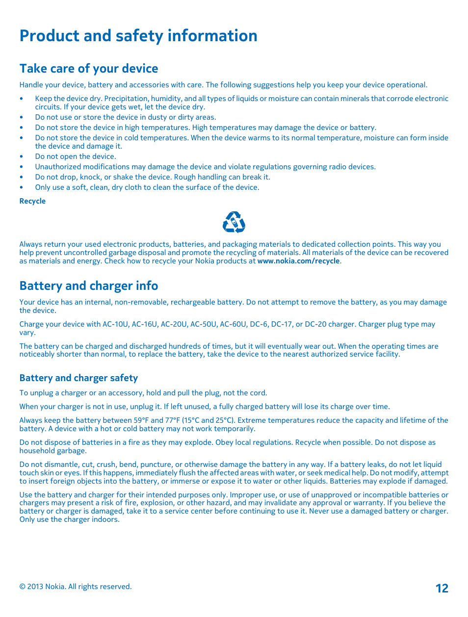 Product and safety information, Take care of your device, Battery and charger info | Battery and charger safety | Nokia PD-95G User Manual | Page 12 / 13