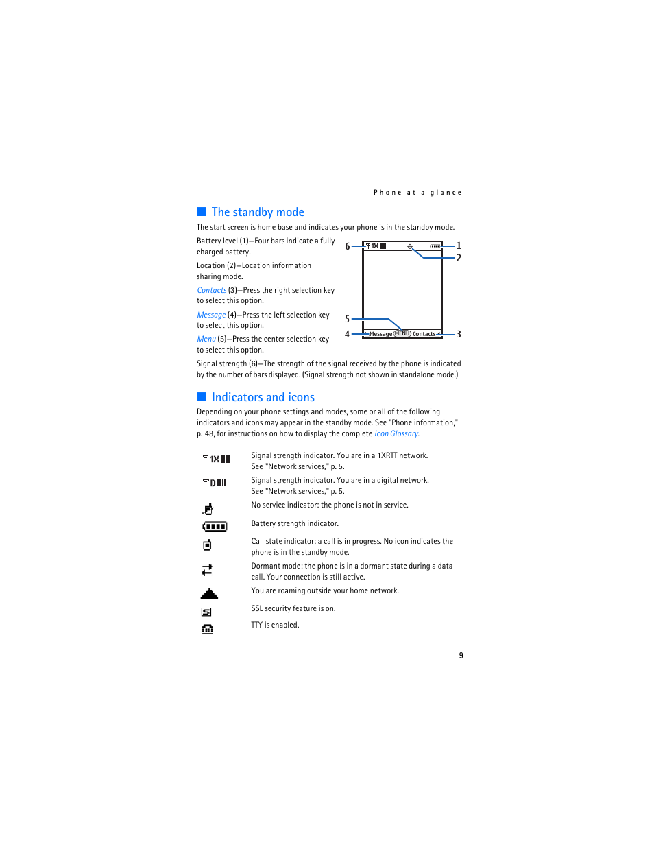 The standby mode, Indicators and icons | Nokia 6215i User Manual | Page 10 / 61