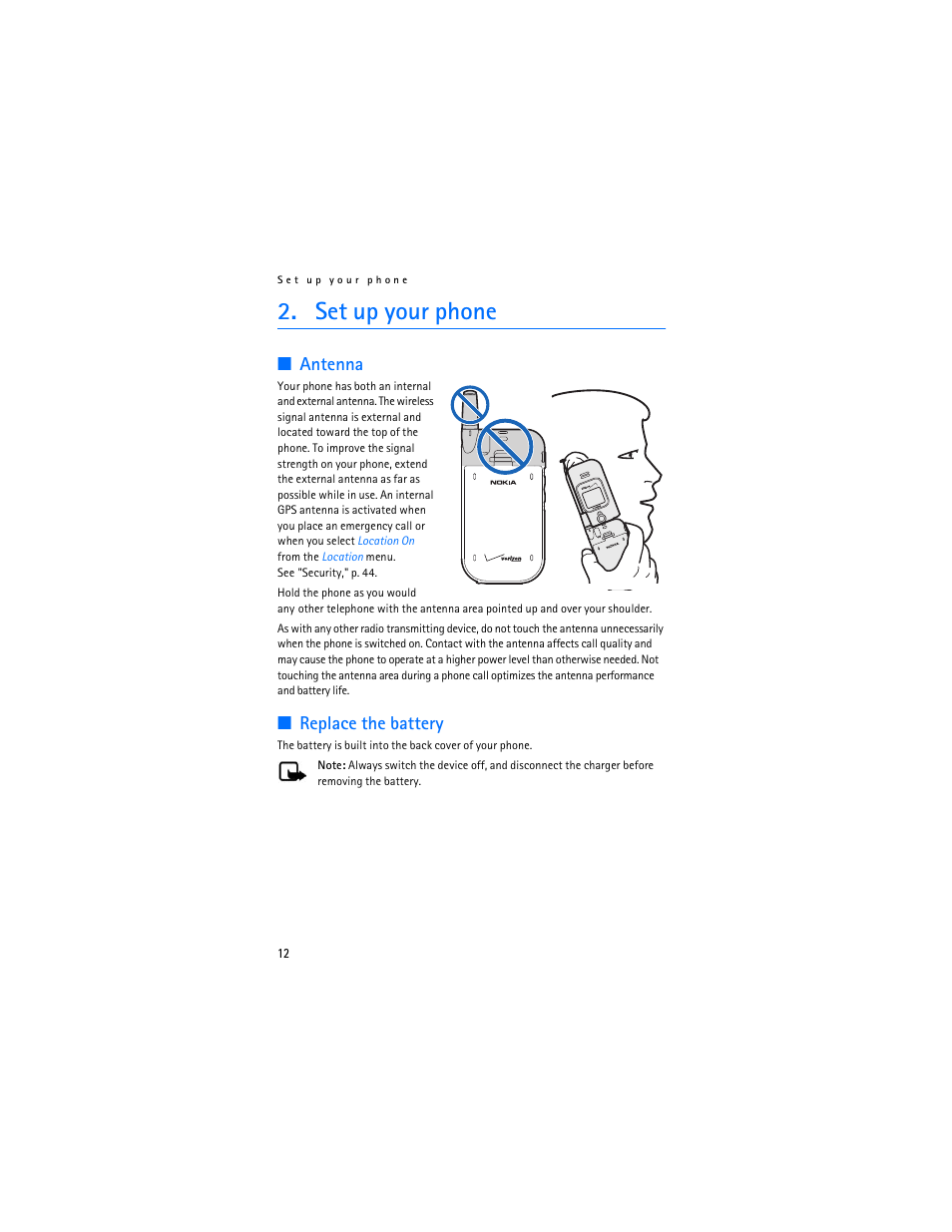 Set up your phone, Antenna, Replace the battery | Nokia 6215i User Manual | Page 13 / 61