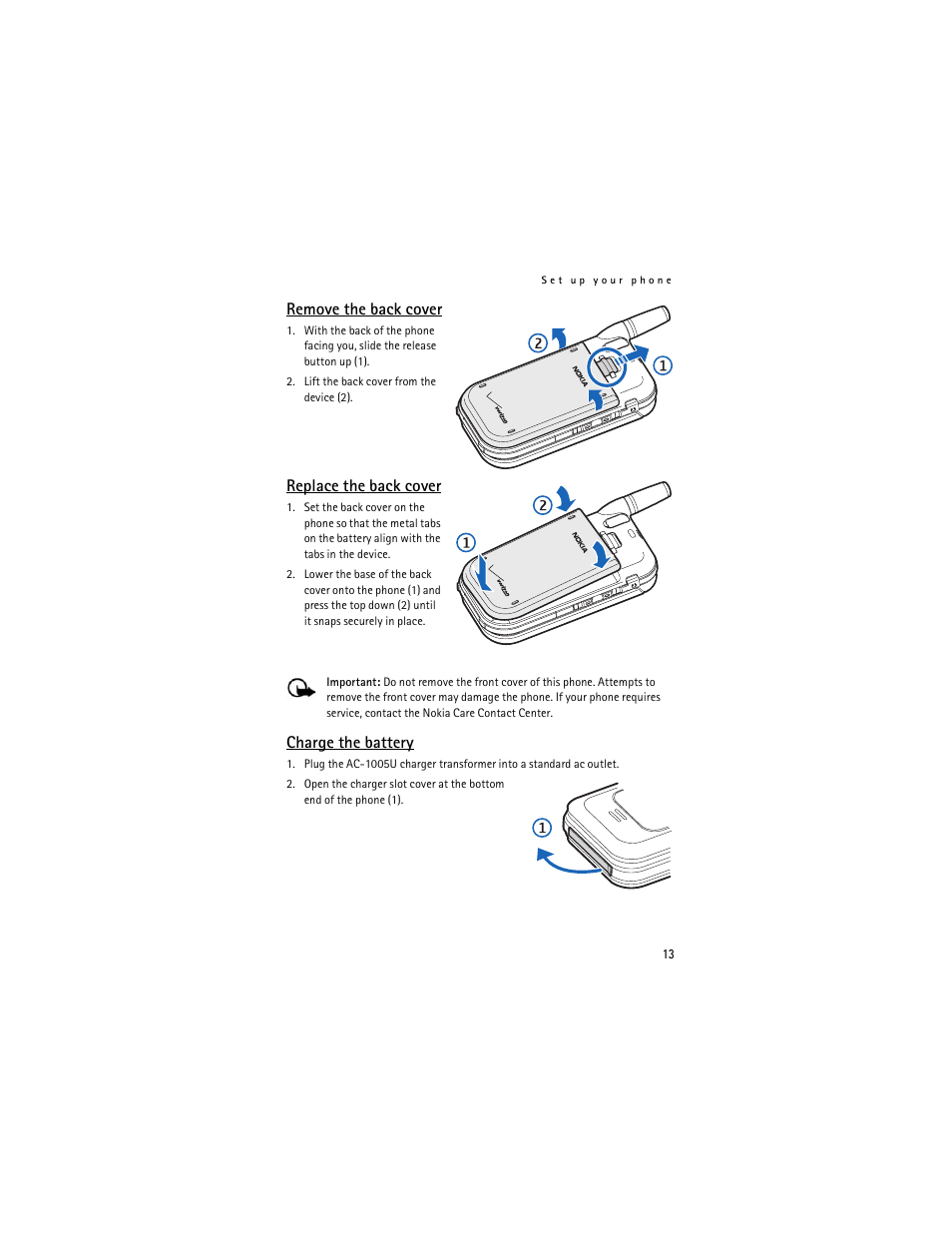 Remove the back cover, Replace the back cover, Charge the battery | Nokia 6215i User Manual | Page 14 / 61