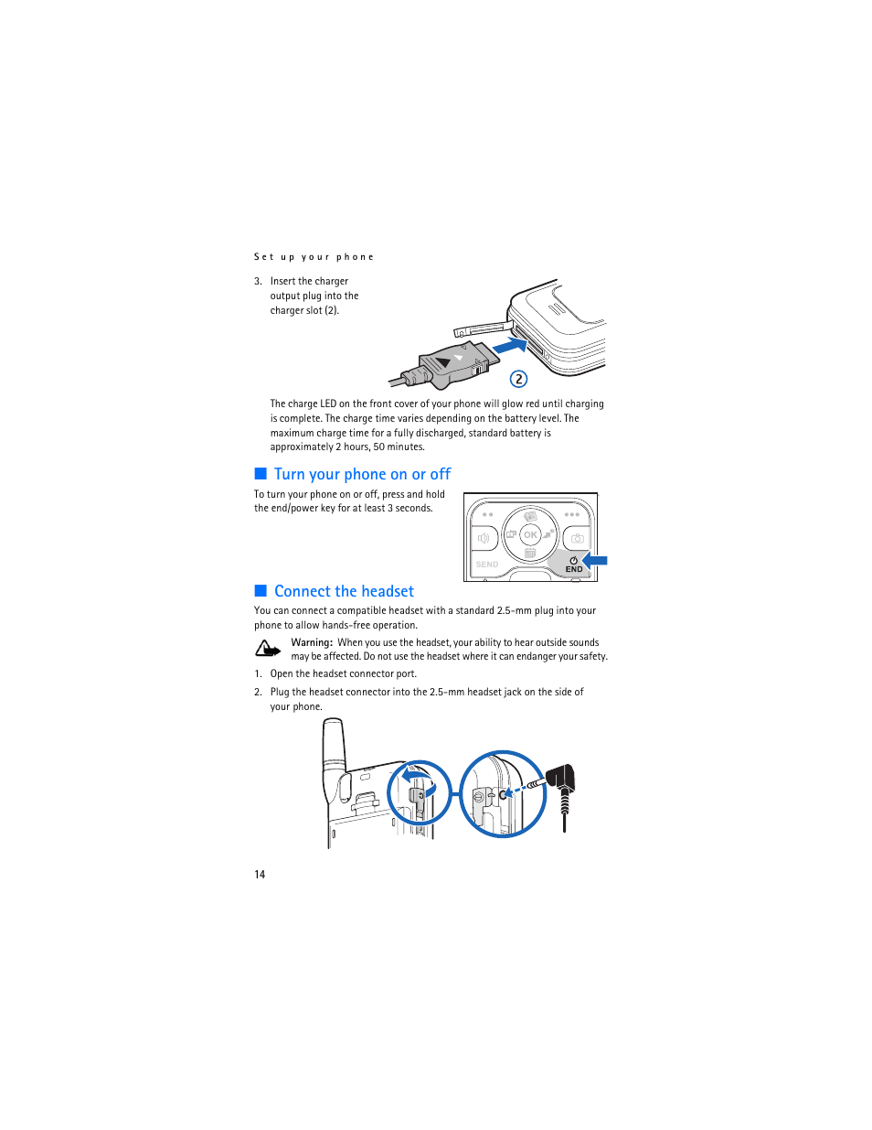 Turn your phone on or off, Connect the headset | Nokia 6215i User Manual | Page 15 / 61