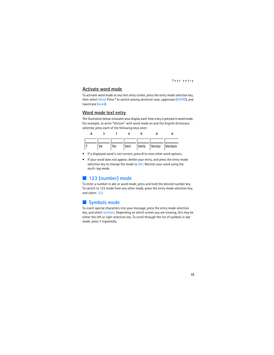 123 (number) mode, Symbols mode, Activate word mode | Word mode text entry | Nokia 6215i User Manual | Page 20 / 61