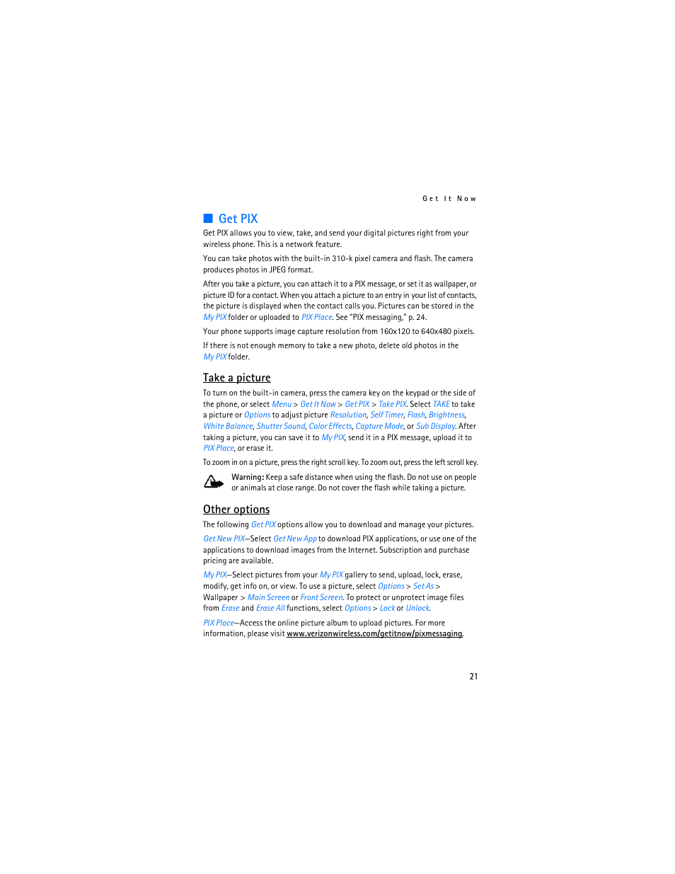 Get pix, Take a picture, Other options | Nokia 6215i User Manual | Page 22 / 61