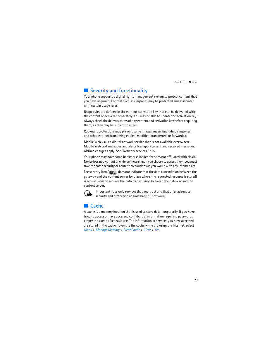 Security and functionality, Cache | Nokia 6215i User Manual | Page 24 / 61