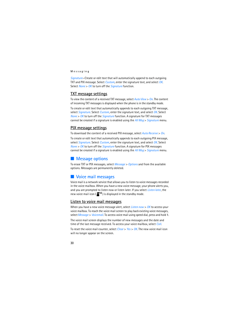 Message options, Voice mail messages, Txt message settings | Pix message settings, Listen to voice mail messages | Nokia 6215i User Manual | Page 31 / 61