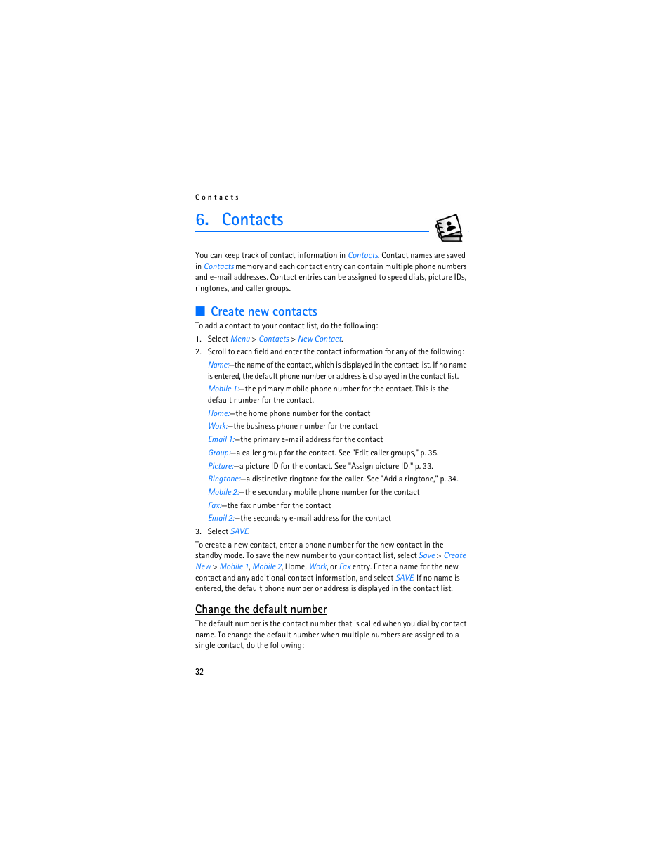 Contacts, Create new contacts," p. 32, Create new contacts | Change the default number | Nokia 6215i User Manual | Page 33 / 61