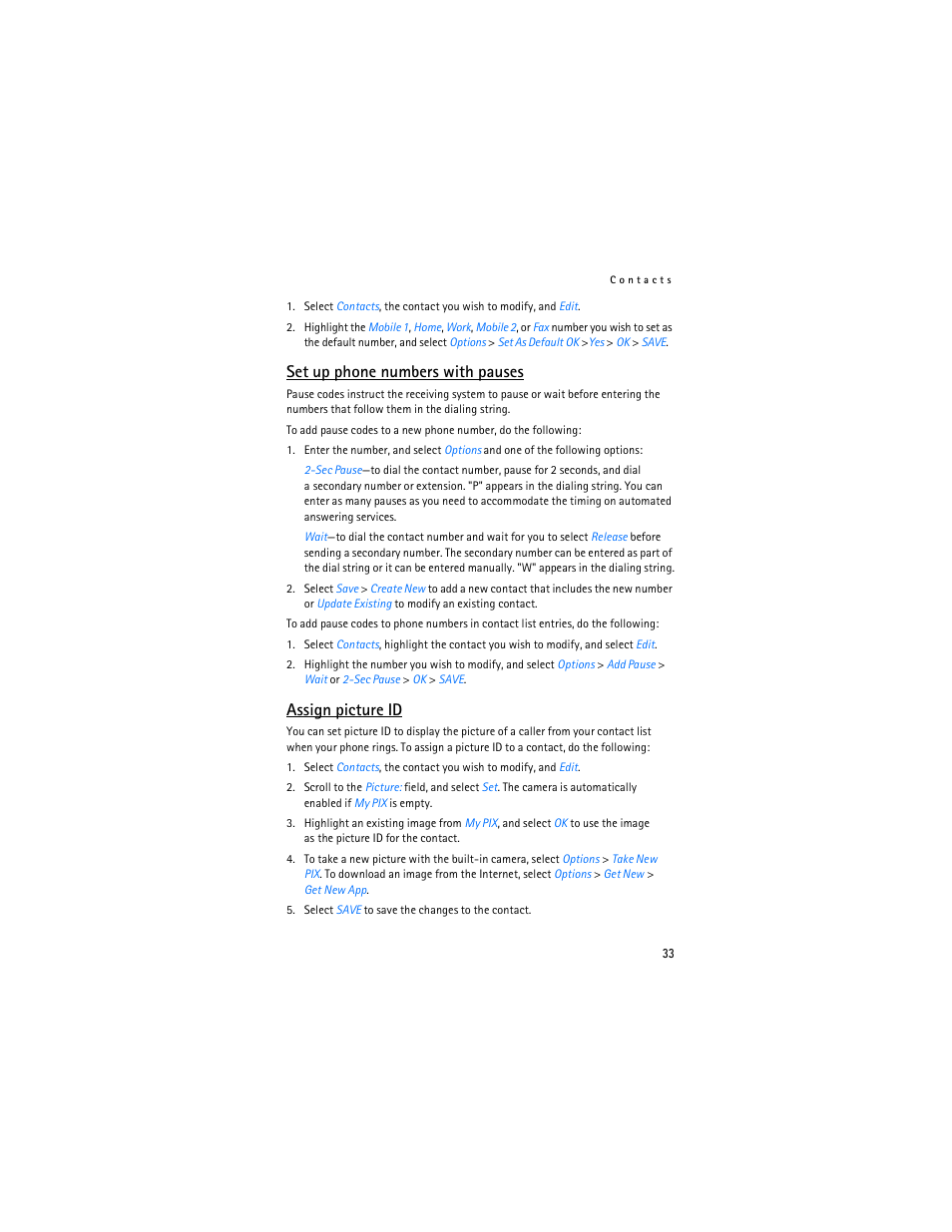 Set up phone numbers with pauses, Assign picture id | Nokia 6215i User Manual | Page 34 / 61