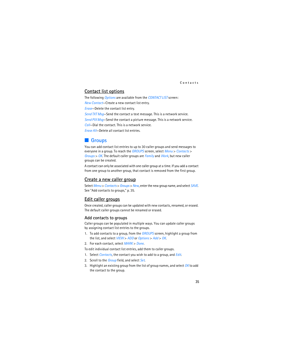 Groups, Contact list options, Create a new caller group | Edit caller groups | Nokia 6215i User Manual | Page 36 / 61