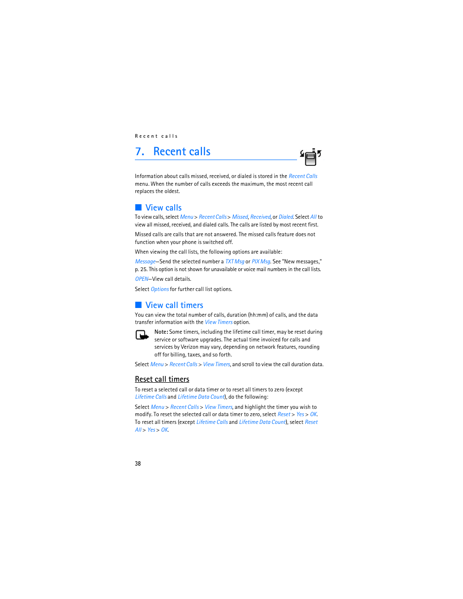 Recent calls, View calls, View call timers | Reset call timers | Nokia 6215i User Manual | Page 39 / 61