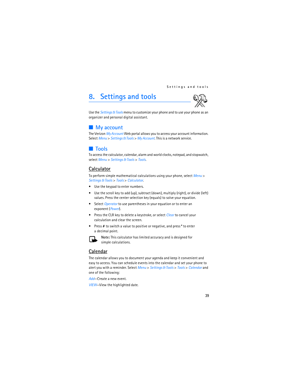 Settings and tools, My account, Tools | Calculator, Calendar | Nokia 6215i User Manual | Page 40 / 61