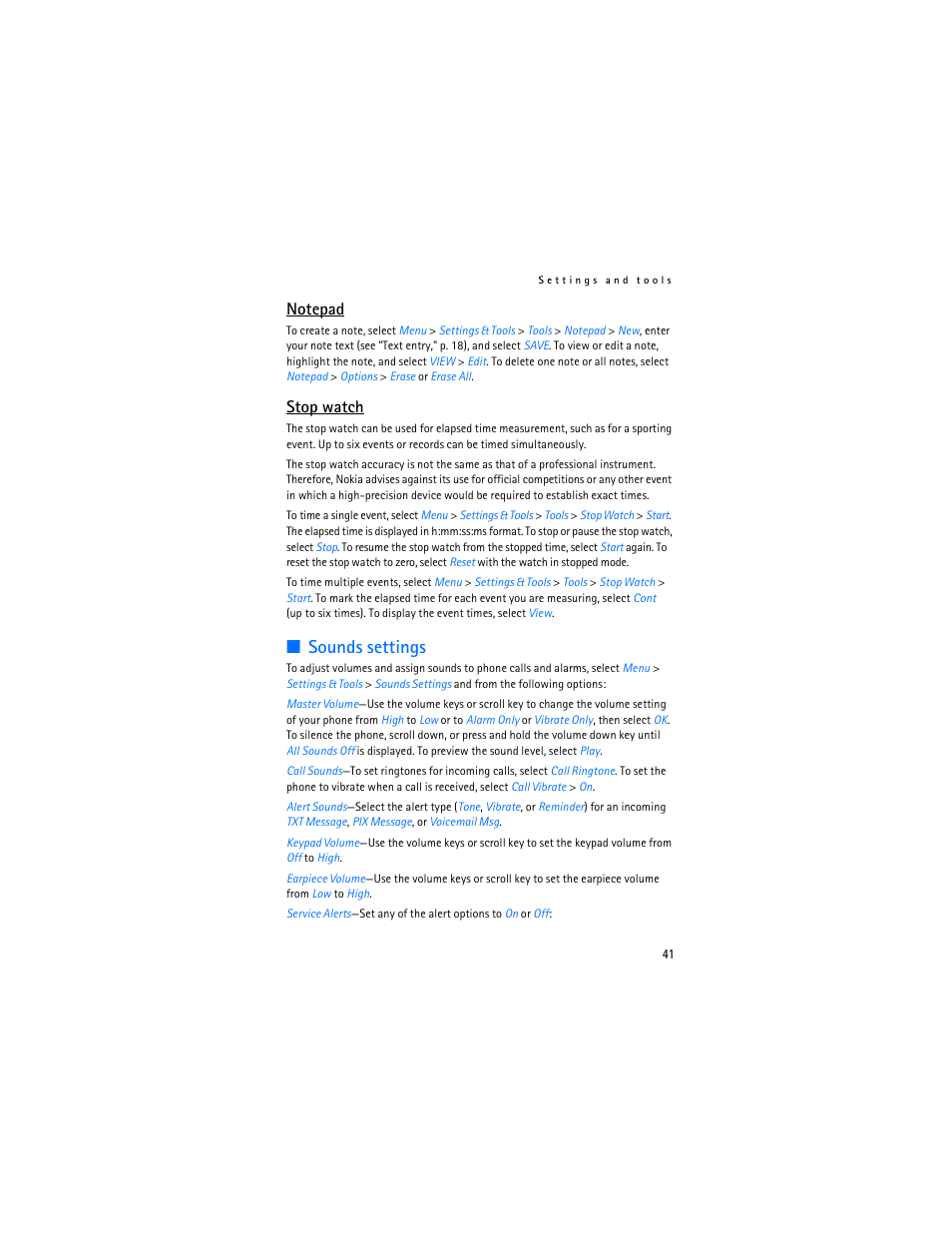 Sounds settings, Stop watch | Nokia 6215i User Manual | Page 42 / 61