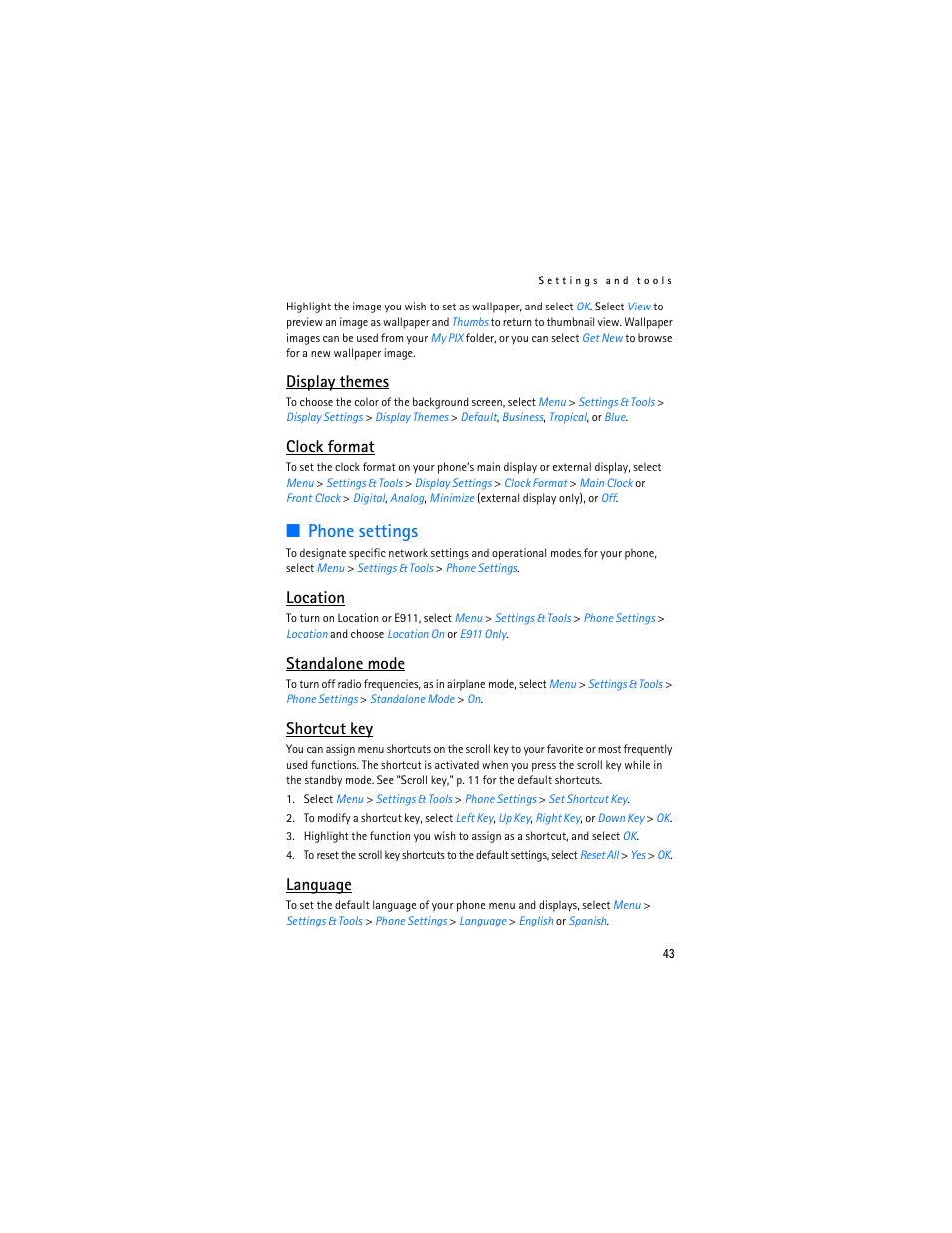 Phone settings, Display themes, Clock format | Location, Standalone mode, Shortcut key, Language | Nokia 6215i User Manual | Page 44 / 61