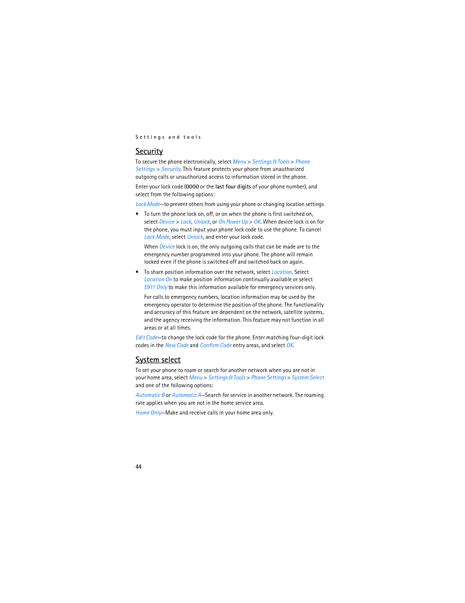 Security, System select | Nokia 6215i User Manual | Page 45 / 61