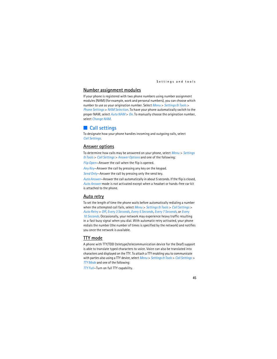 Call settings, Number assignment modules, Answer options | Auto retry, Tty mode | Nokia 6215i User Manual | Page 46 / 61