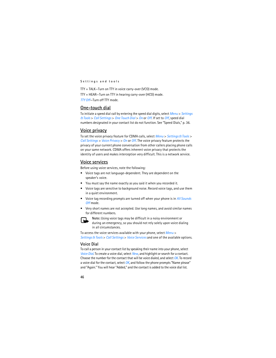 Voice services," p. 46, One-touch dial, Voice privacy | Voice services | Nokia 6215i User Manual | Page 47 / 61