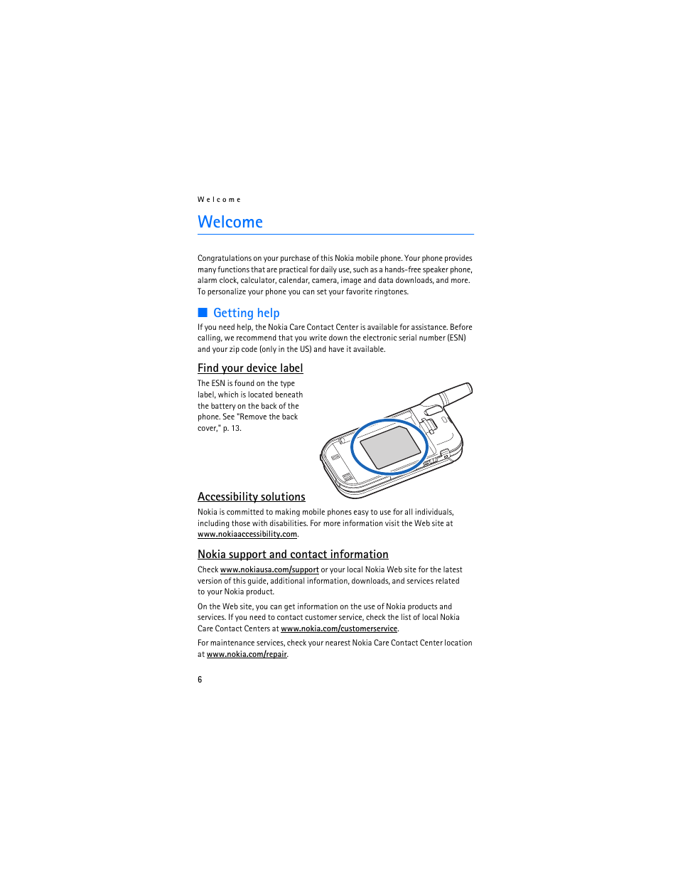 Welcome, Getting help | Nokia 6215i User Manual | Page 7 / 61