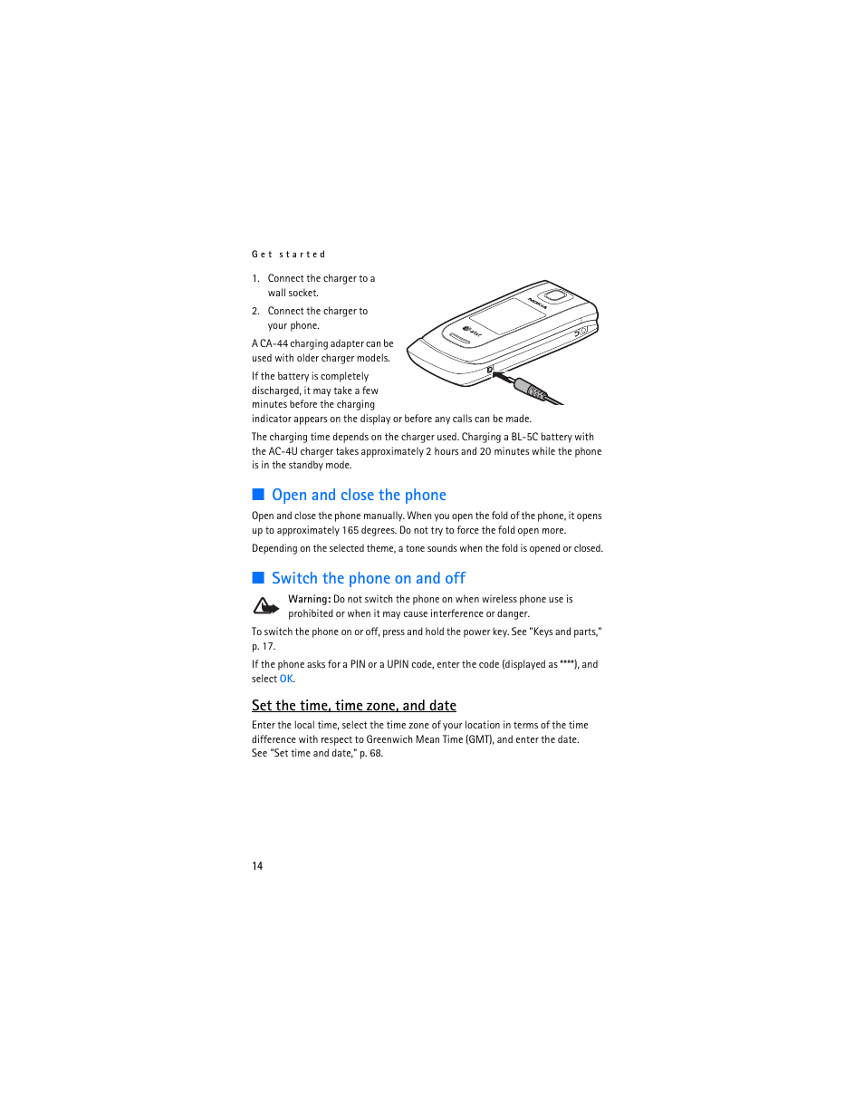 Open and close the phone, Switch the phone on and off, Set the time, time zone, and date | Nokia 6555 User Manual | Page 15 / 91
