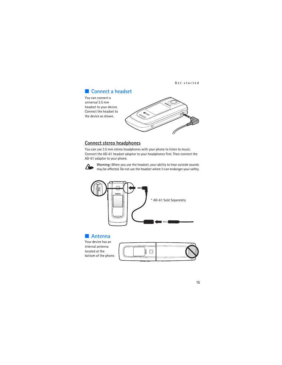 Connect a headset, Antenna | Nokia 6555 User Manual | Page 16 / 91