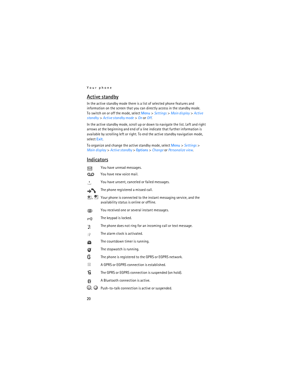 Active standby, Indicators | Nokia 6555 User Manual | Page 21 / 91