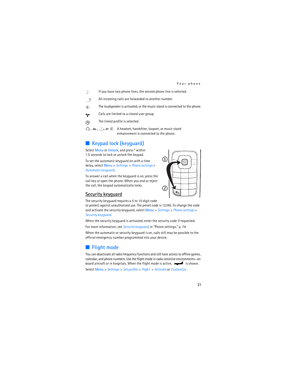 Keypad lock (keyguard), Flight mode, Security keyguard | Nokia 6555 User Manual | Page 22 / 91
