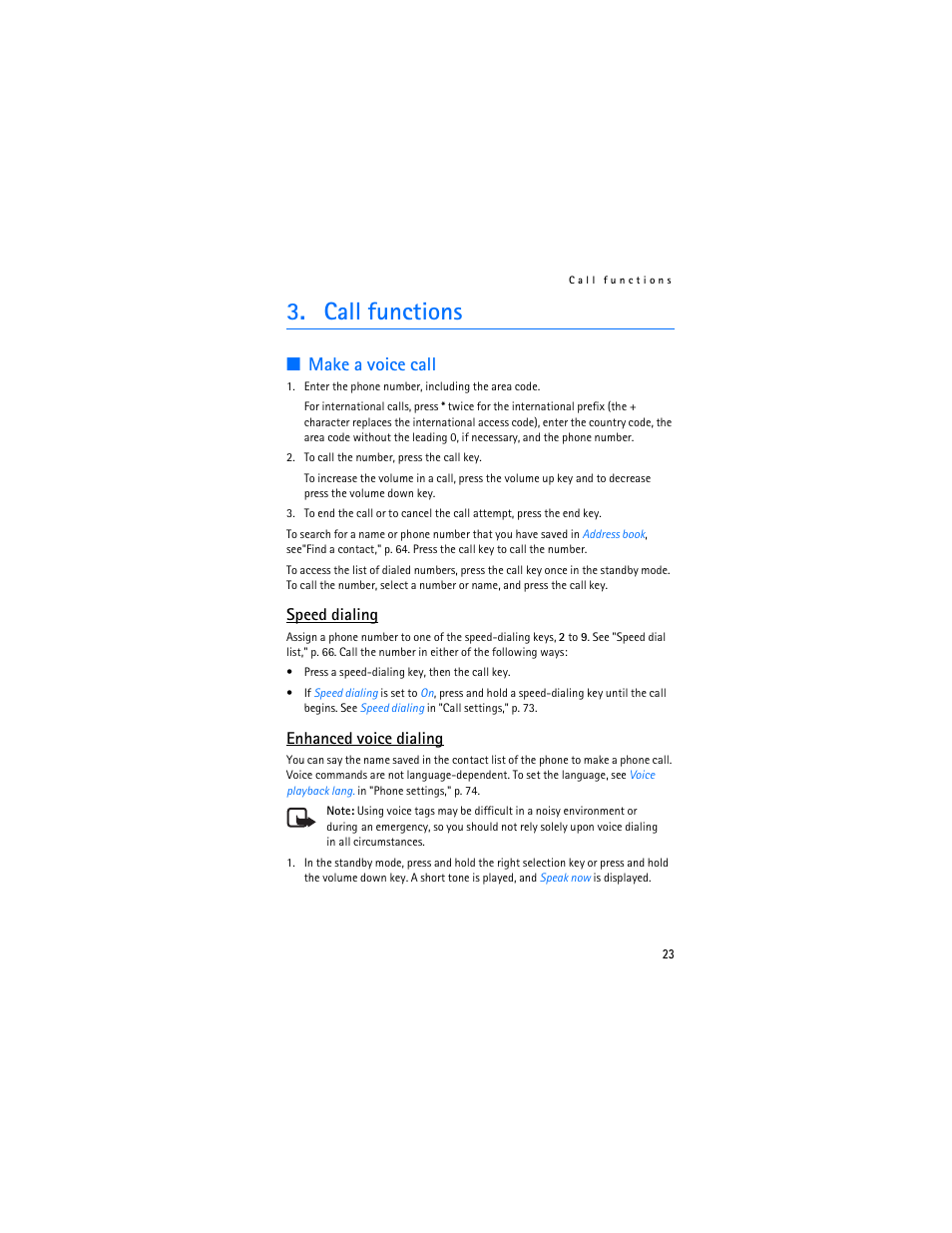Call functions, Make a voice call, Speed dialing | Enhanced voice dialing | Nokia 6555 User Manual | Page 24 / 91
