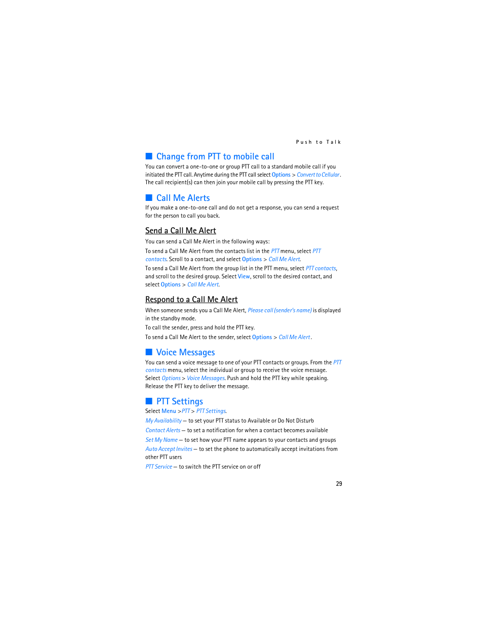 Change from ptt to mobile call, Call me alerts, Voice messages | Ptt settings, Send a call me alert, Respond to a call me alert | Nokia 6555 User Manual | Page 30 / 91