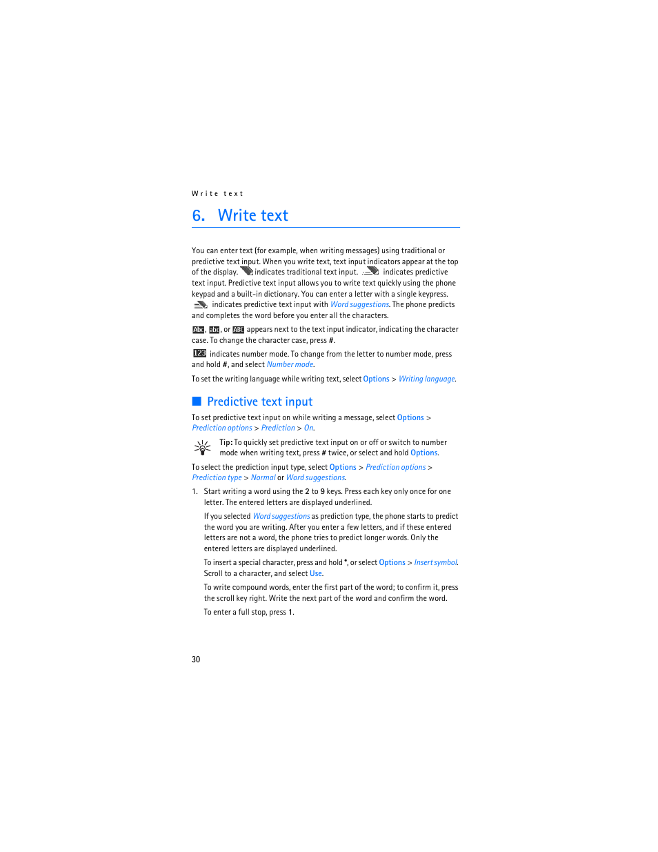 Write text, Predictive text input | Nokia 6555 User Manual | Page 31 / 91