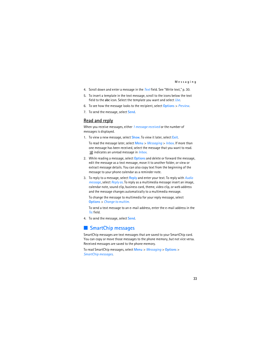 Smartchip messages, Read and reply | Nokia 6555 User Manual | Page 34 / 91