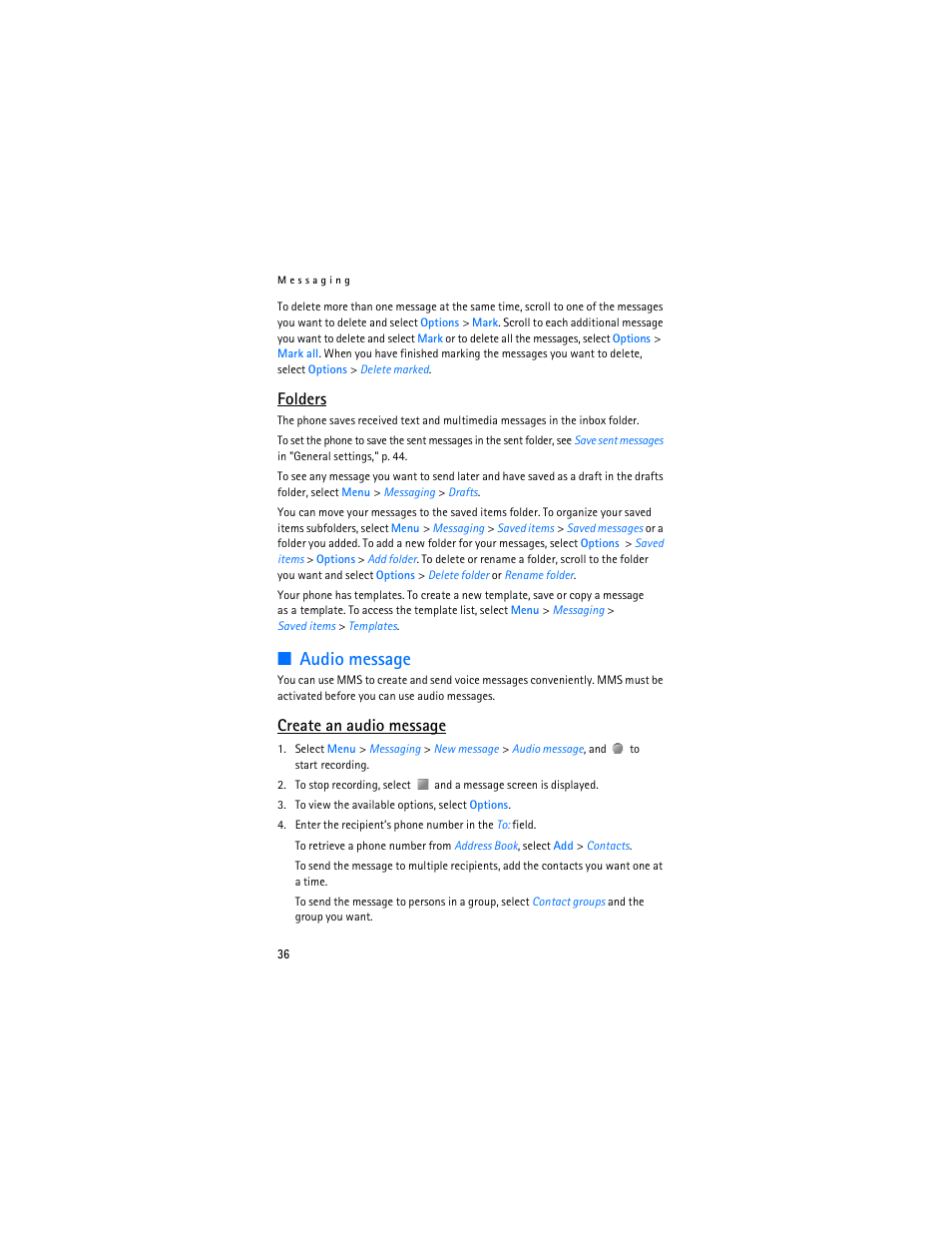 Audio message, Folders, Create an audio message | Nokia 6555 User Manual | Page 37 / 91