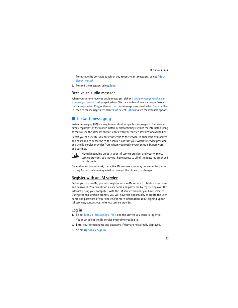 Instant messaging, Receive an audio message, Register with an im service | Log in | Nokia 6555 User Manual | Page 38 / 91