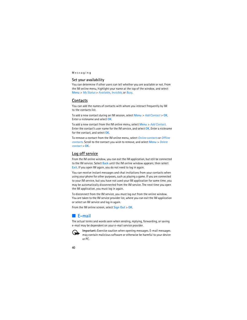E-mail, Contacts, Log off service | Nokia 6555 User Manual | Page 41 / 91