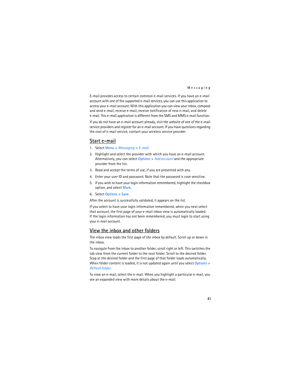 Start e-mail, View the inbox and other folders | Nokia 6555 User Manual | Page 42 / 91