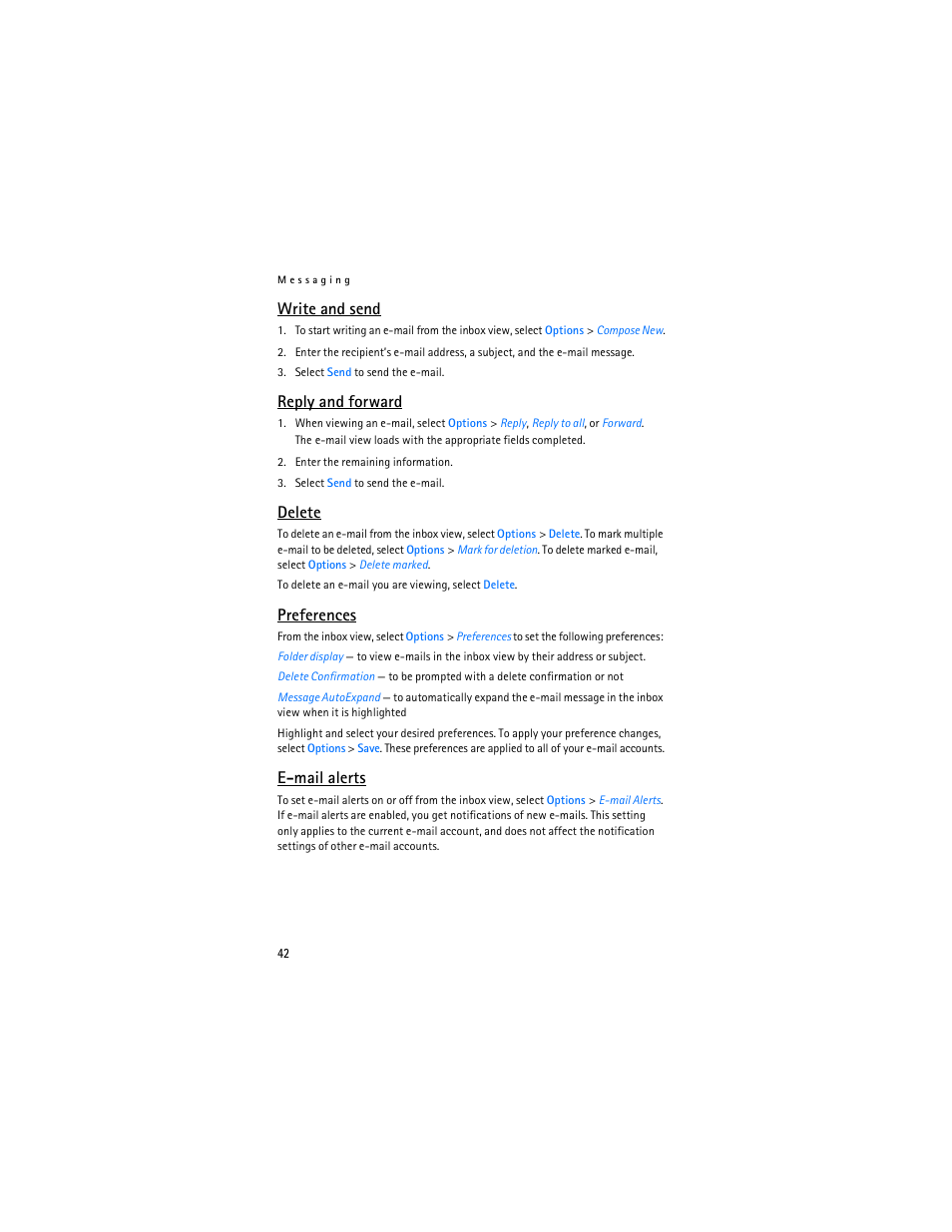 Write and send, Reply and forward, Delete | Preferences, E-mail alerts | Nokia 6555 User Manual | Page 43 / 91