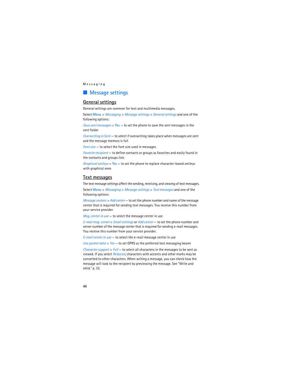 Message settings, General settings, Text messages | Nokia 6555 User Manual | Page 45 / 91