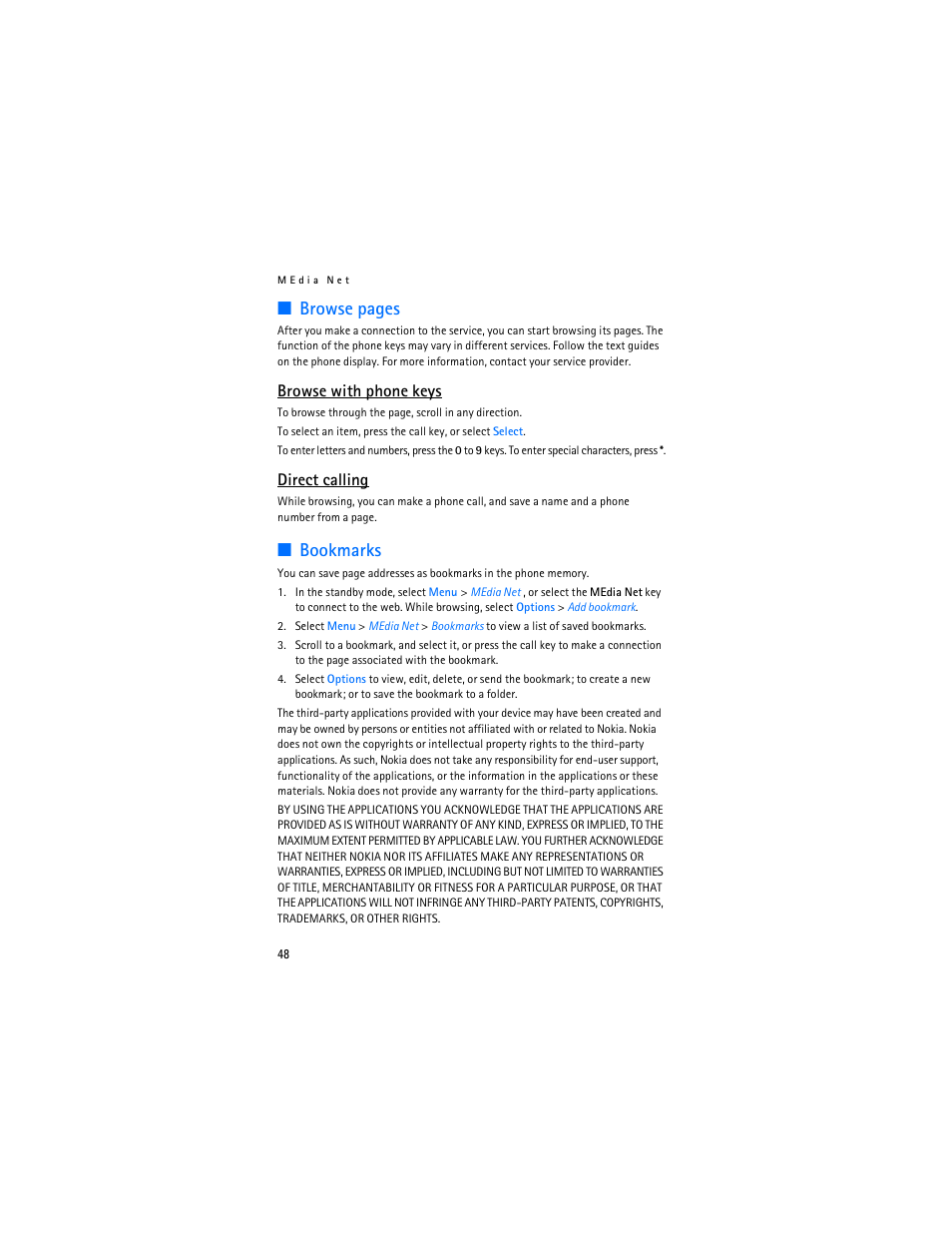 Browse pages, Bookmarks, Browse with phone keys | Direct calling | Nokia 6555 User Manual | Page 49 / 91