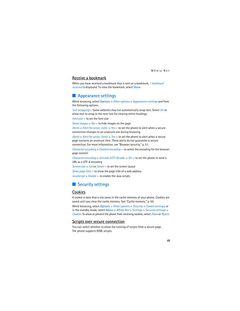 Appearance settings, Security settings, Receive a bookmark | Cookies, Scripts over secure connection | Nokia 6555 User Manual | Page 50 / 91