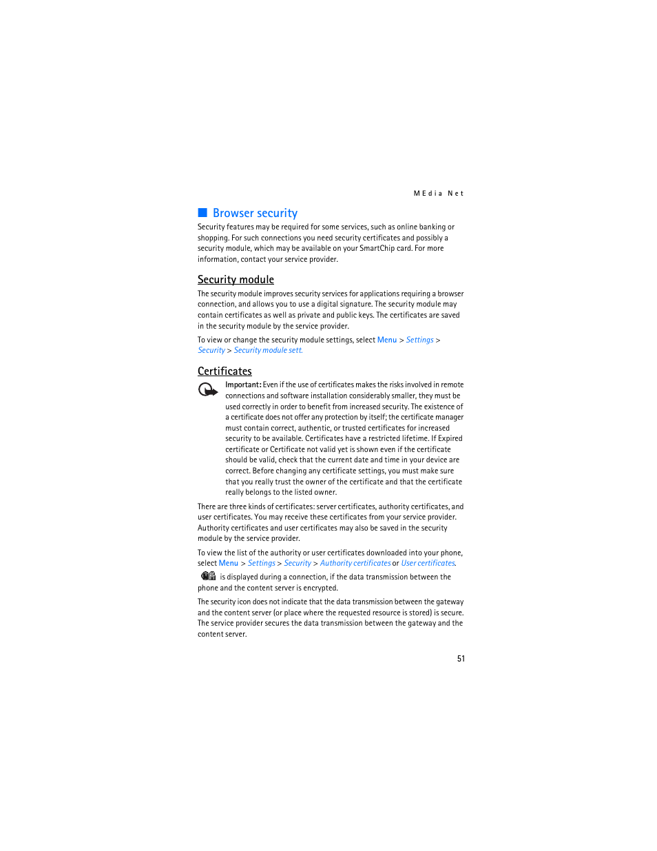 Security module," p. 51, Browser security, Security module | Certificates | Nokia 6555 User Manual | Page 52 / 91