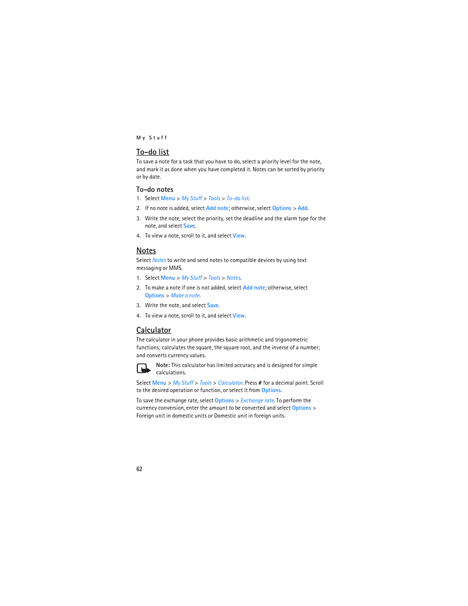 To-do list, Calculator | Nokia 6555 User Manual | Page 63 / 91