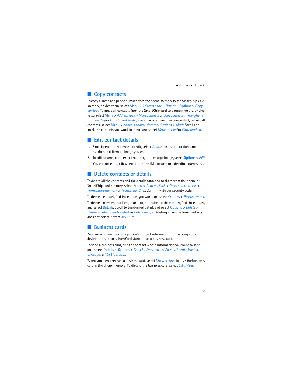 Copy contacts, Edit contact details, Delete contacts or details | Business cards | Nokia 6555 User Manual | Page 66 / 91