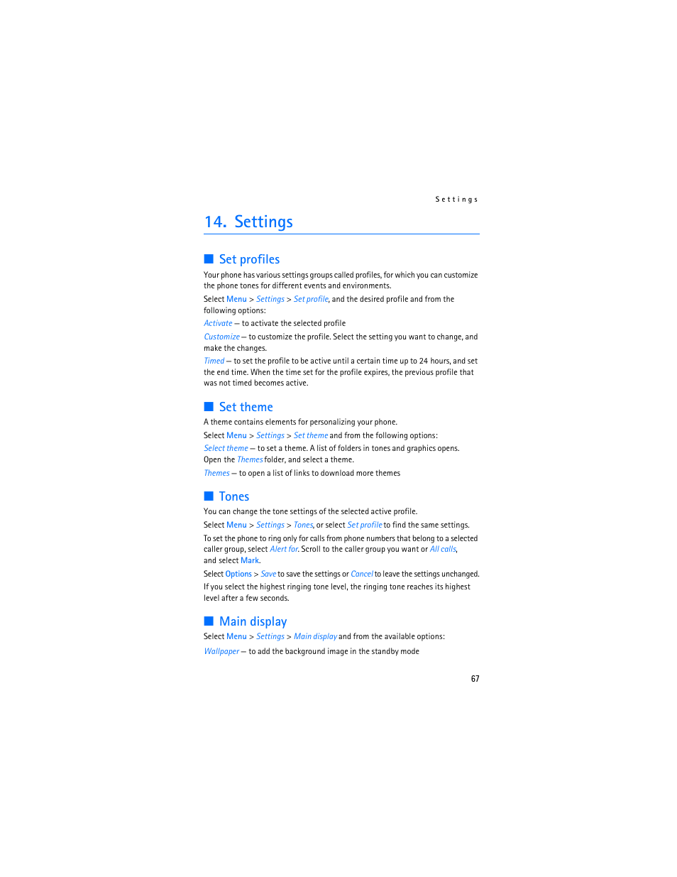 Settings, Set profiles, Set theme | Tones, Main display | Nokia 6555 User Manual | Page 68 / 91