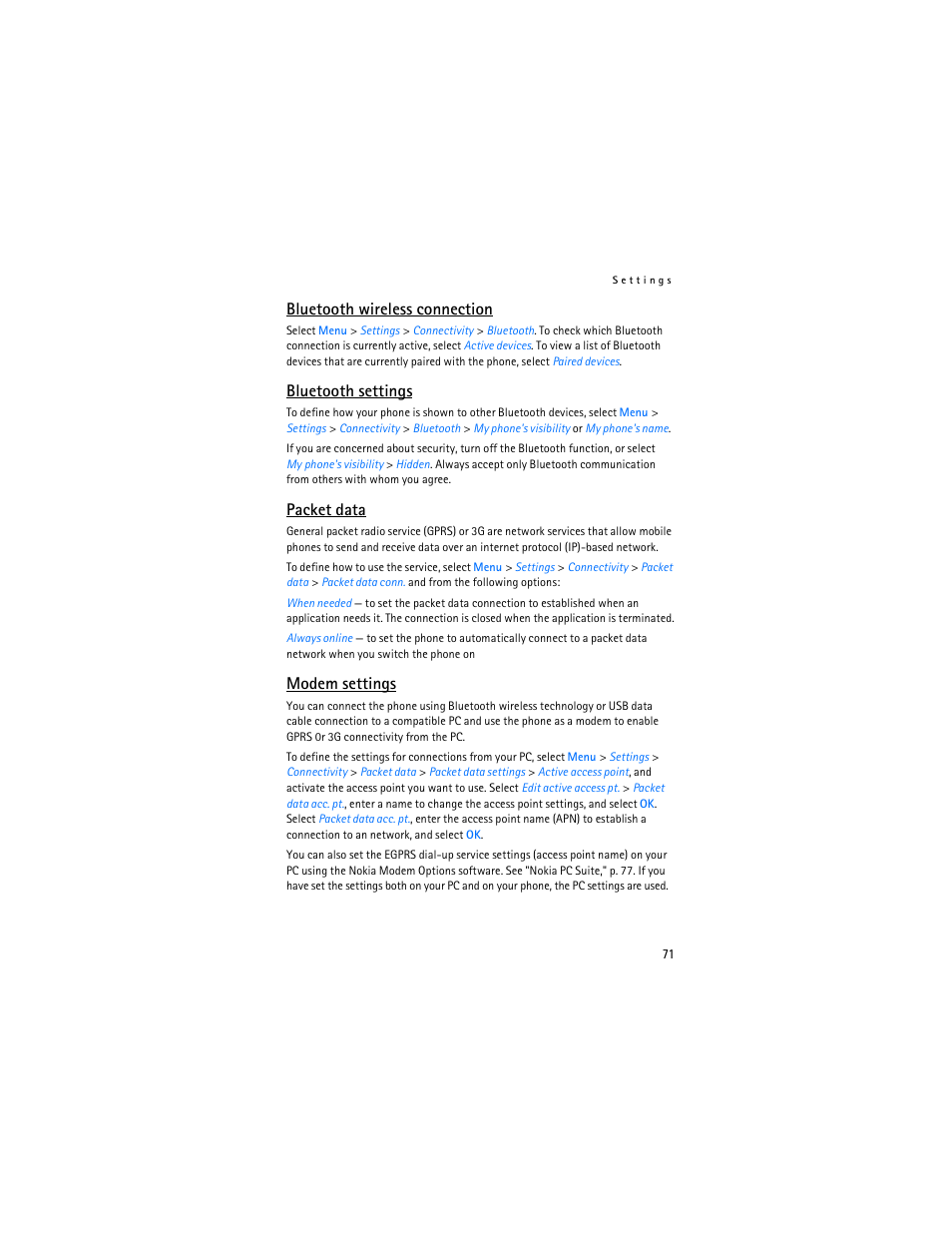 Bluetooth wireless connection, Bluetooth settings, Packet data | Modem settings | Nokia 6555 User Manual | Page 72 / 91