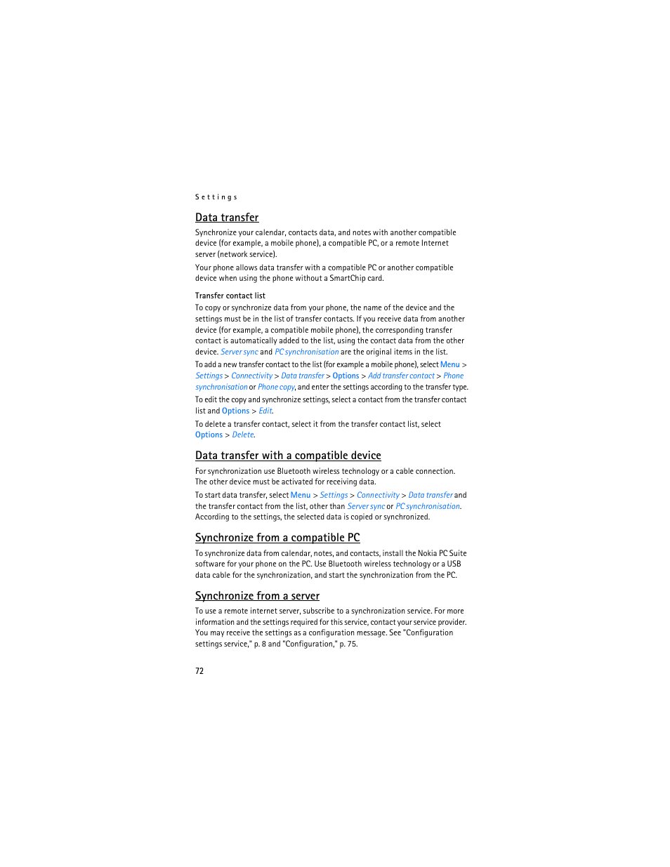 Data transfer, Data transfer with a compatible device, Synchronize from a compatible pc | Synchronize from a server | Nokia 6555 User Manual | Page 73 / 91