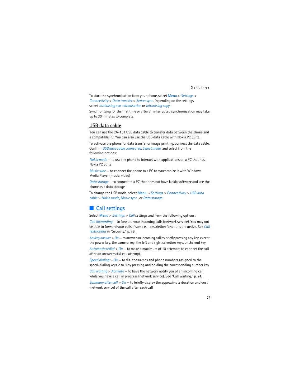 In "call settings," p. 73, Call settings, Usb data cable | Nokia 6555 User Manual | Page 74 / 91