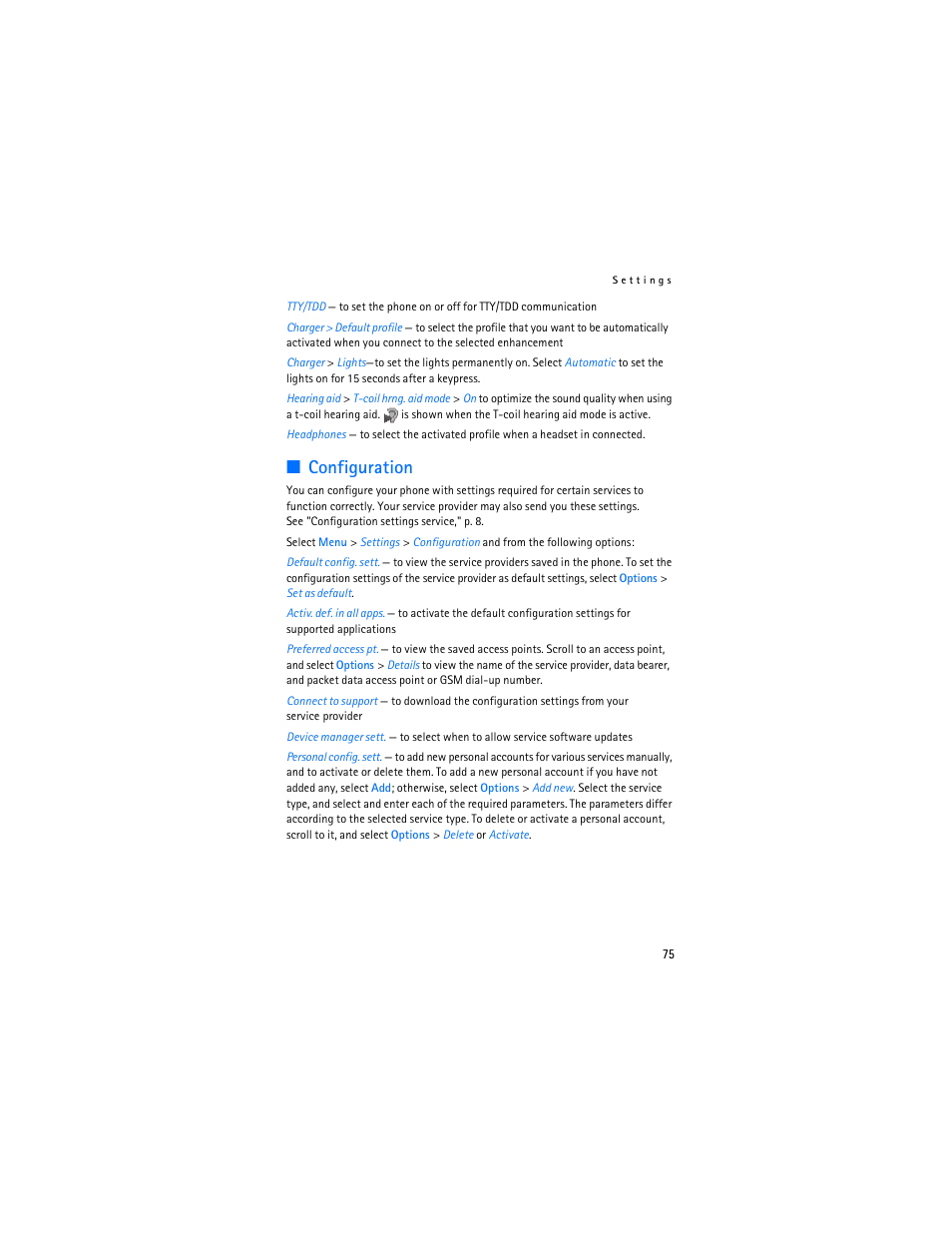 Configuration," p. 75, Configuration | Nokia 6555 User Manual | Page 76 / 91