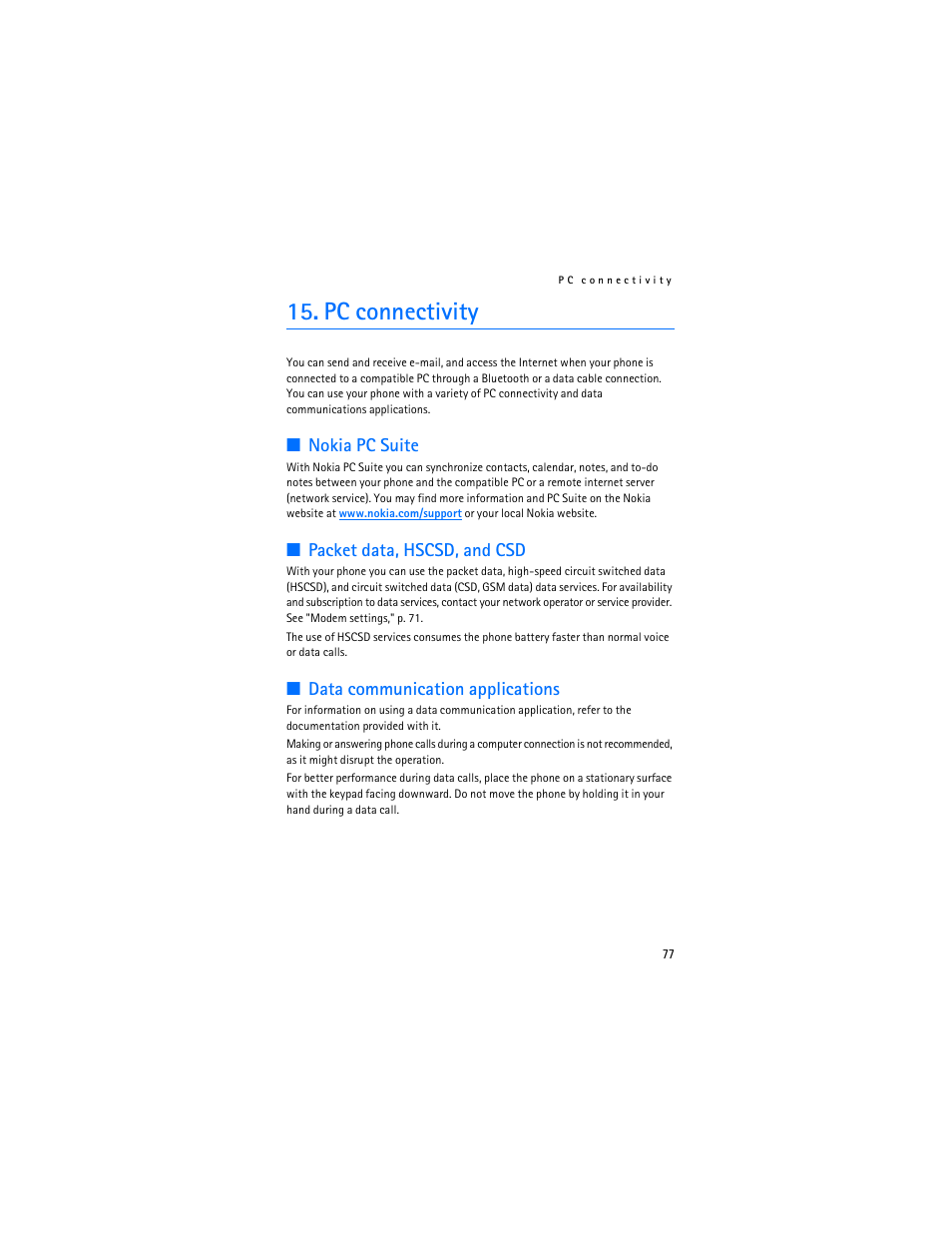 Pc connectivity, Nokia pc suite, Packet data, hscsd, and csd | Data communication applications | Nokia 6555 User Manual | Page 78 / 91